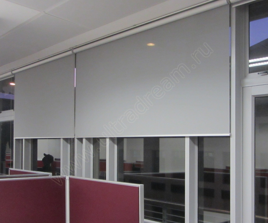Офисное помещение украшают широкие рулонные шторы серого цвета, сочетаясь с интерьером