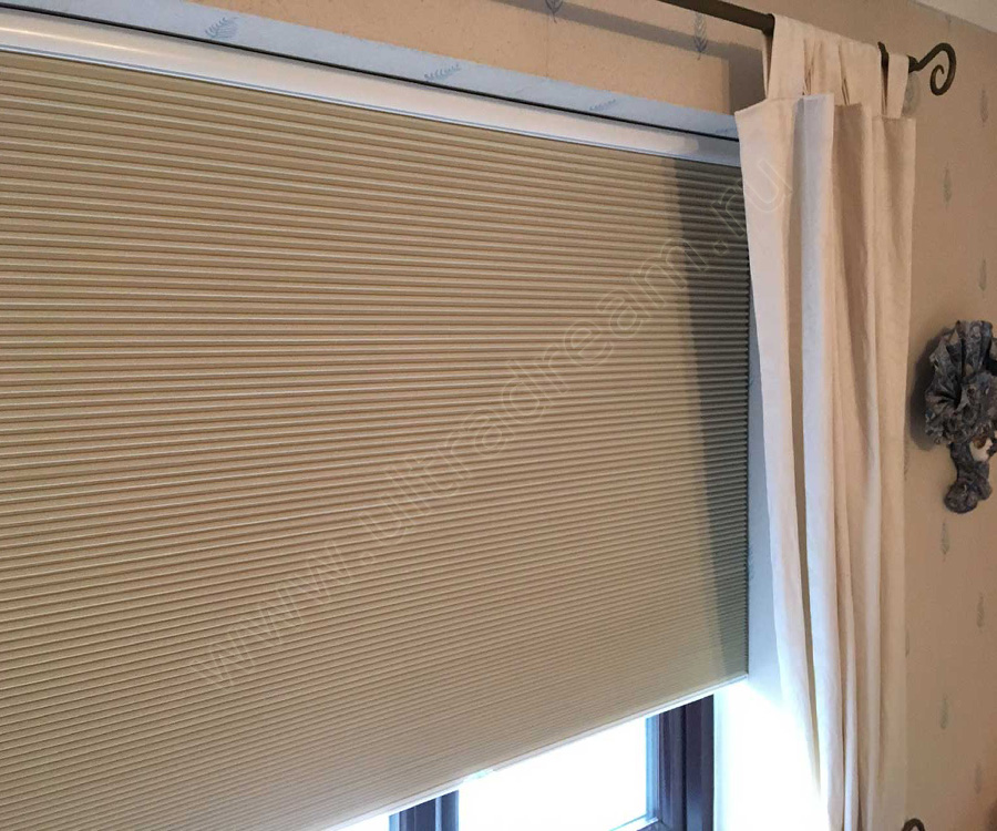 Плотные светло-коричневые шторы плиссе установлены на весь проём окна